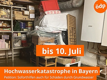 Überschwemmter Keller mit Hinweis auf Ende der Petition am 10. Juli